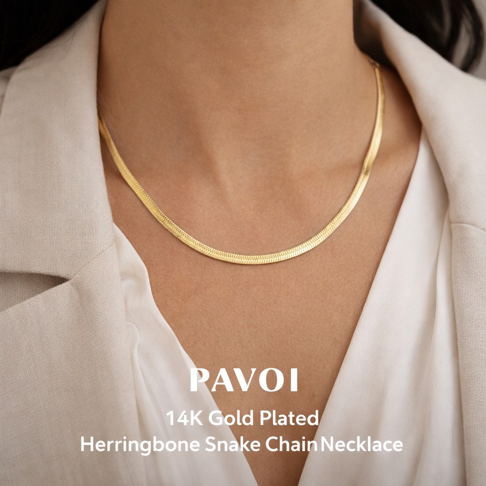 PAVOI 14K Gold Plated Herringbone Chain Necklace Adjustable Snake Chain